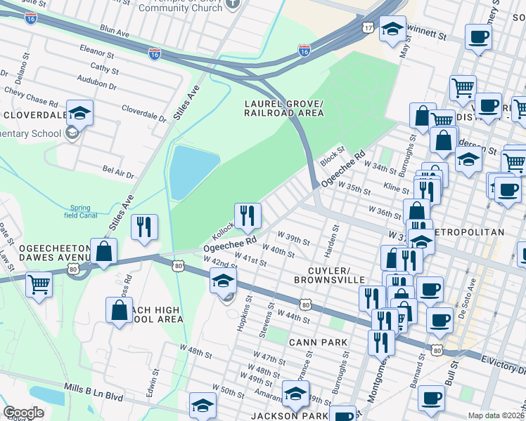 map of restaurants, bars, coffee shops, grocery stores, and more near 1014 West 39th Street in Savannah