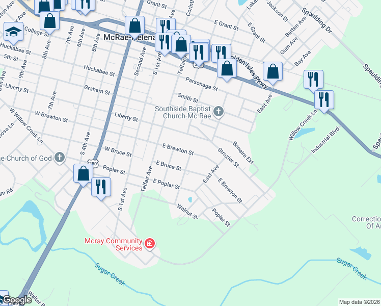 map of restaurants, bars, coffee shops, grocery stores, and more near 2 Macville Avenue in McRae-Helena