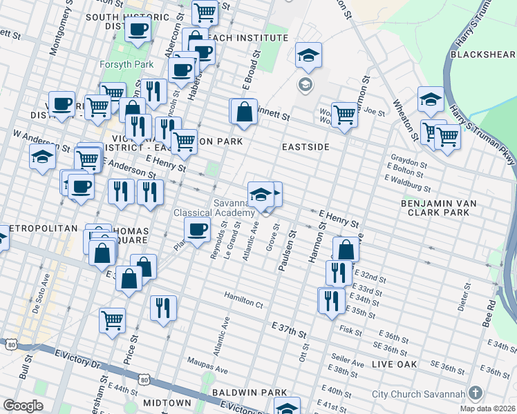 map of restaurants, bars, coffee shops, grocery stores, and more near 676 East Anderson Street in Savannah