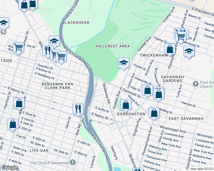 map of restaurants, bars, coffee shops, grocery stores, and more near 103 Daisy Court in Savannah