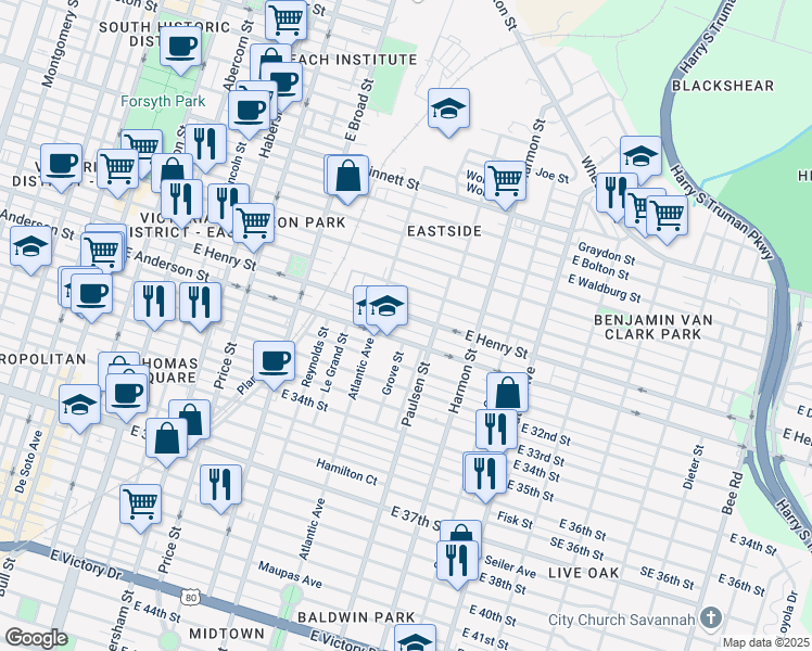 map of restaurants, bars, coffee shops, grocery stores, and more near 720 East Anderson Street in Savannah