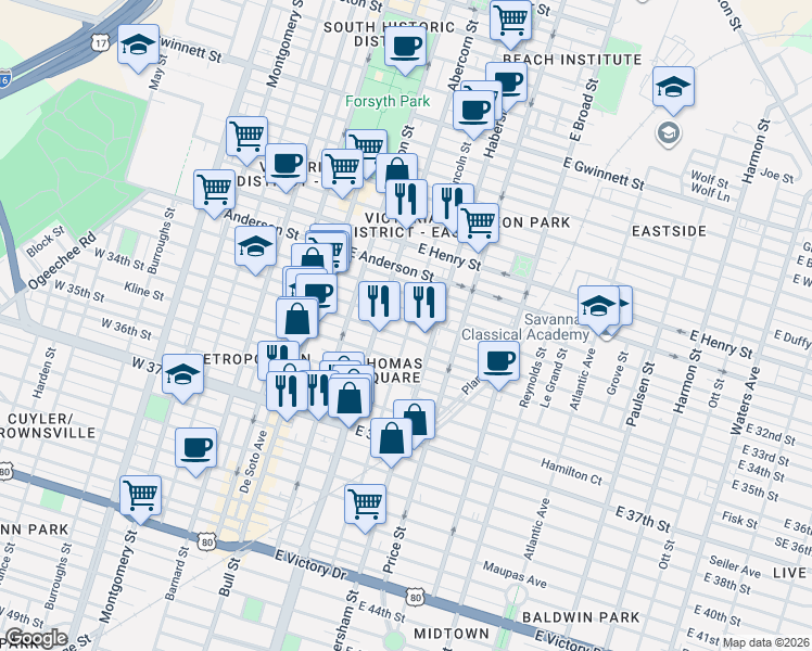 map of restaurants, bars, coffee shops, grocery stores, and more near 215 East 33rd Street in Savannah
