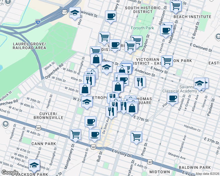 map of restaurants, bars, coffee shops, grocery stores, and more near 101 Brady Street in Savannah