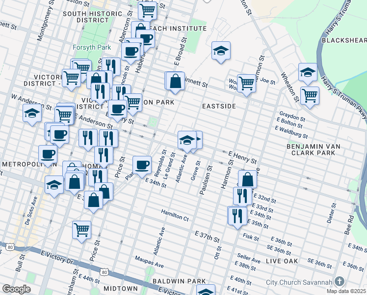 map of restaurants, bars, coffee shops, grocery stores, and more near 655 East Anderson Street in Savannah