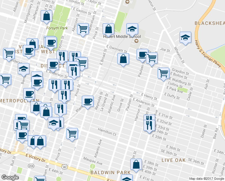 map of restaurants, bars, coffee shops, grocery stores, and more near 655 East Anderson Street in Savannah