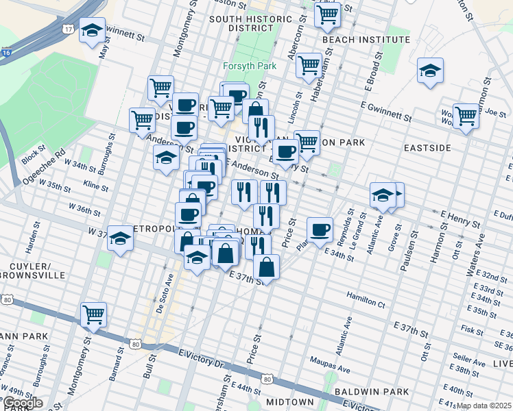 map of restaurants, bars, coffee shops, grocery stores, and more near 215 East 33rd Street in Savannah