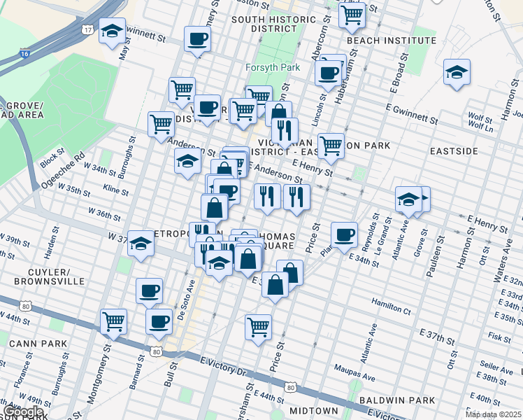 map of restaurants, bars, coffee shops, grocery stores, and more near 118 East 34th Street in Savannah