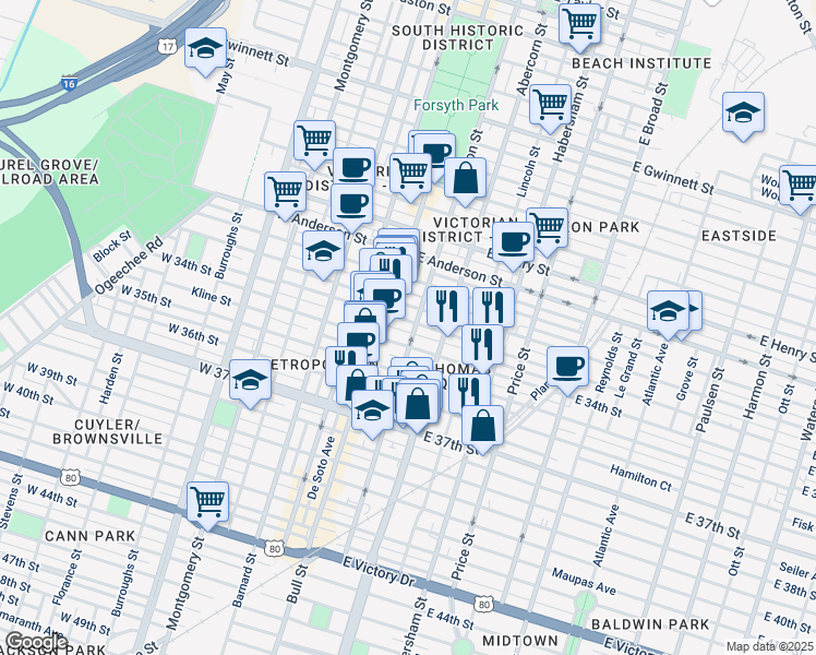 map of restaurants, bars, coffee shops, grocery stores, and more near 118 East 34th Street in Savannah