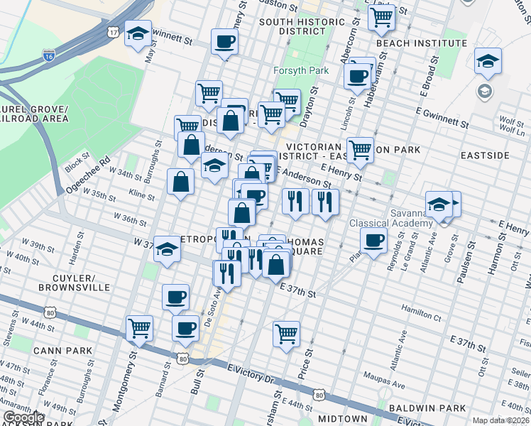 map of restaurants, bars, coffee shops, grocery stores, and more near 8 East 34th Street in Savannah