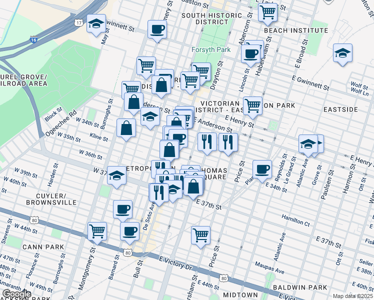 map of restaurants, bars, coffee shops, grocery stores, and more near 8 East 34th Street in Savannah