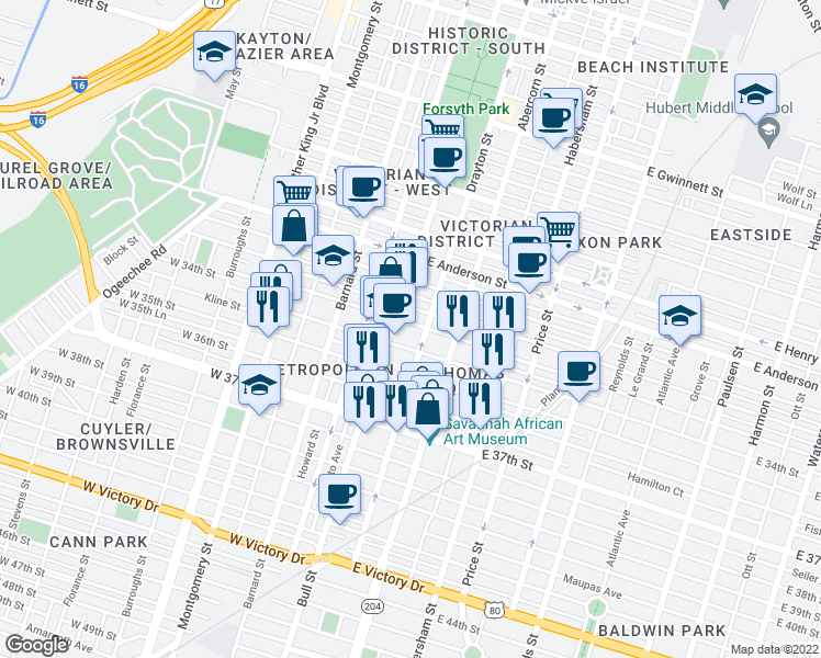 map of restaurants, bars, coffee shops, grocery stores, and more near 8 East 34th Street in Savannah