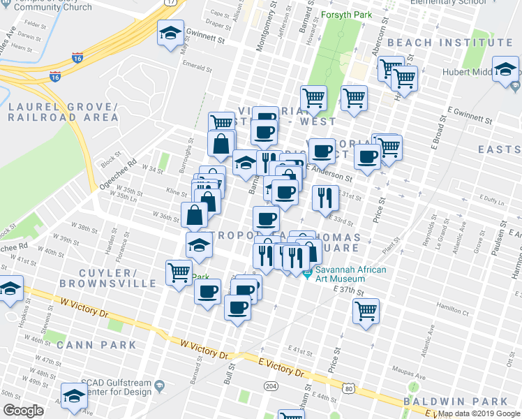map of restaurants, bars, coffee shops, grocery stores, and more near 101 Brady Street in Savannah