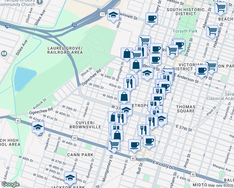 map of restaurants, bars, coffee shops, grocery stores, and more near 502 West 36th Street in Savannah