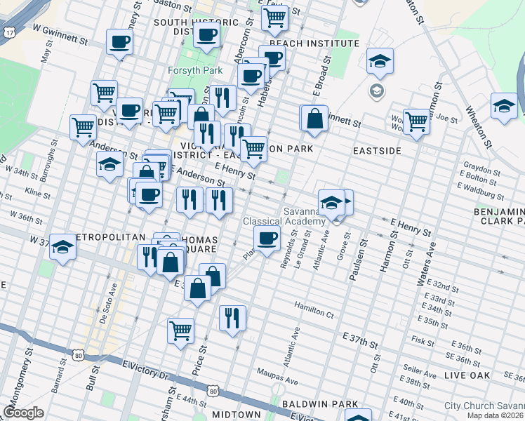 map of restaurants, bars, coffee shops, grocery stores, and more near 1513 East Broad Street in Savannah