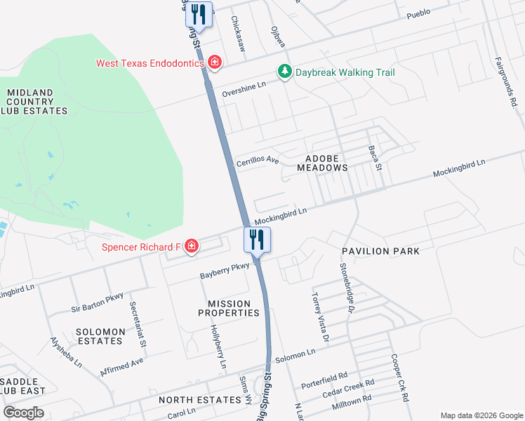 map of restaurants, bars, coffee shops, grocery stores, and more near 100 Mockingbird Lane in Midland
