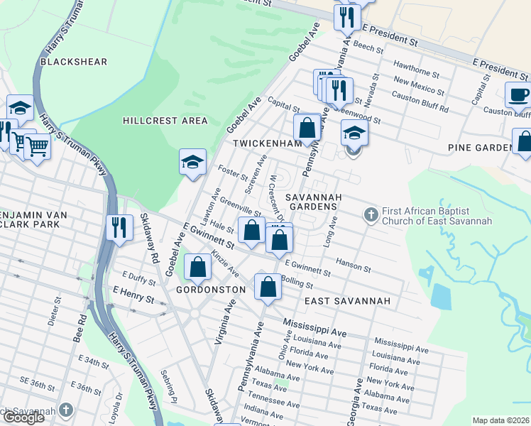 map of restaurants, bars, coffee shops, grocery stores, and more near 511 Atkinson Avenue in Savannah