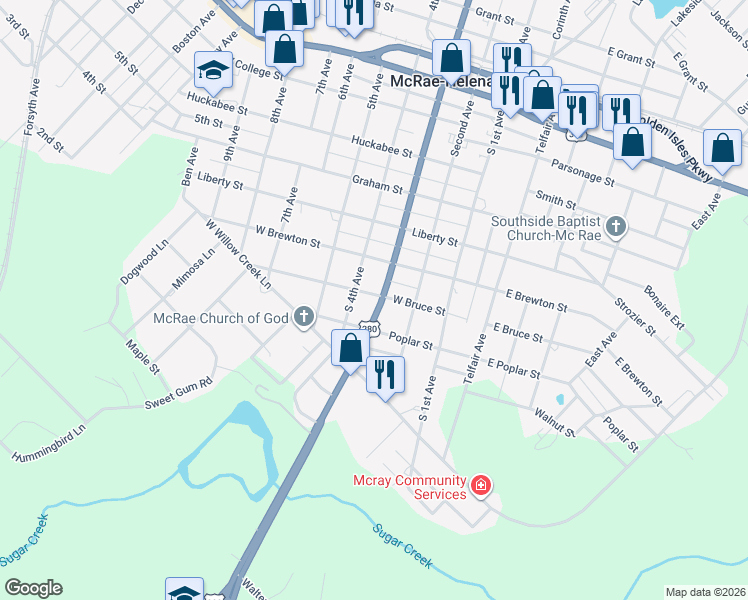 map of restaurants, bars, coffee shops, grocery stores, and more near 141 3rd Avenue in McRae-Helena