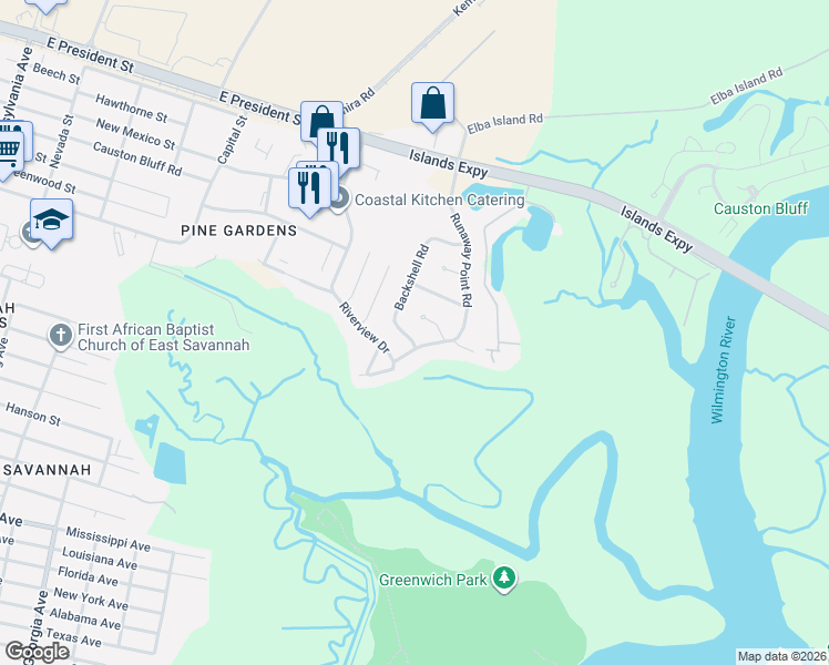 map of restaurants, bars, coffee shops, grocery stores, and more near 207 Runaway Point Road in Savannah