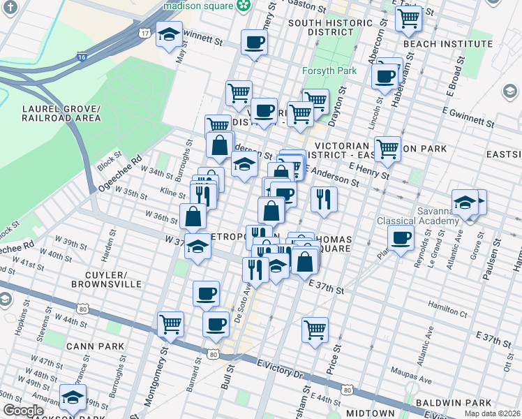 map of restaurants, bars, coffee shops, grocery stores, and more near 101 Brady Street in Savannah