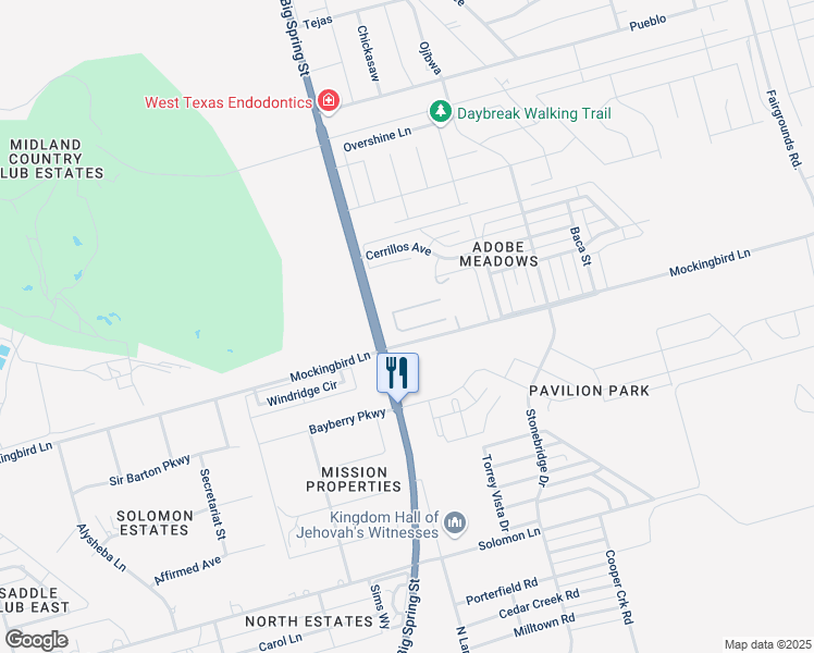 map of restaurants, bars, coffee shops, grocery stores, and more near 100 Mockingbird Lane in Midland
