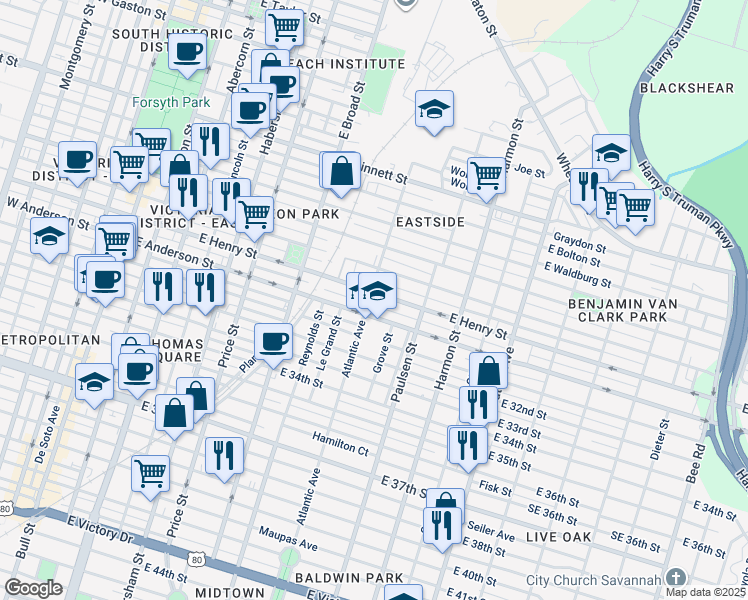 map of restaurants, bars, coffee shops, grocery stores, and more near 720 East Anderson Street in Savannah