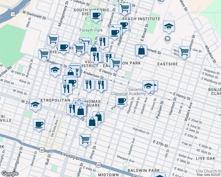 map of restaurants, bars, coffee shops, grocery stores, and more near 508 East 32nd Street in Savannah