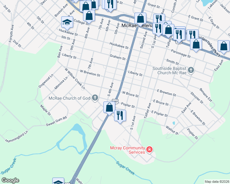 map of restaurants, bars, coffee shops, grocery stores, and more near 141 3rd Avenue in McRae-Helena