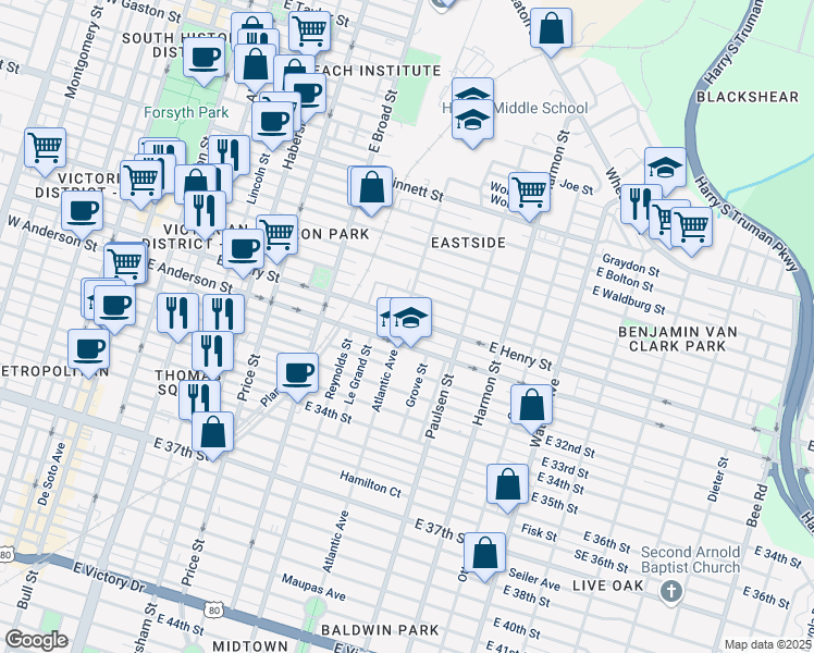 map of restaurants, bars, coffee shops, grocery stores, and more near 705 East Duffy Street in Savannah