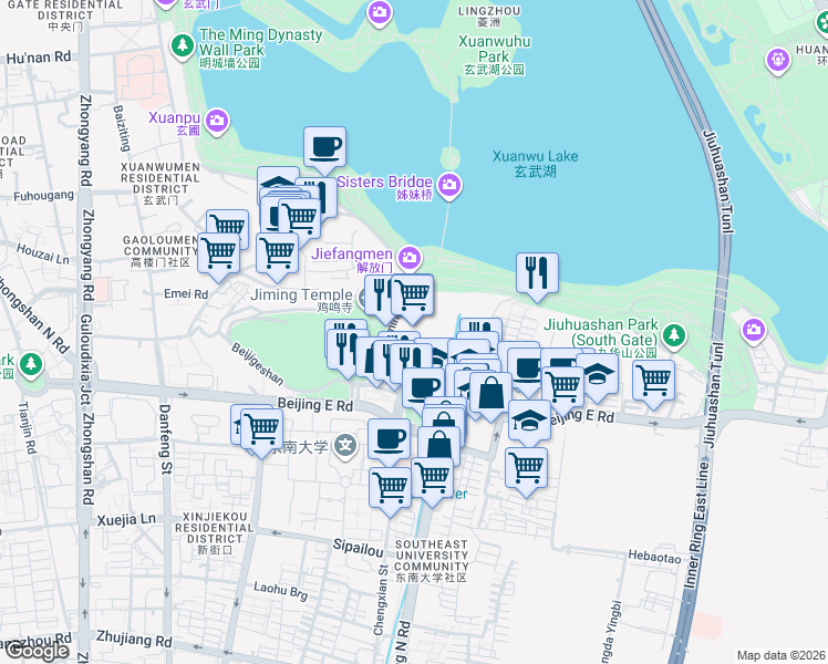 map of restaurants, bars, coffee shops, grocery stores, and more near in Nanjing