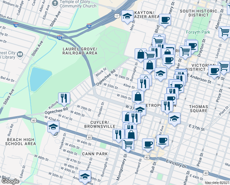 map of restaurants, bars, coffee shops, grocery stores, and more near 644 West 36th Street in Savannah