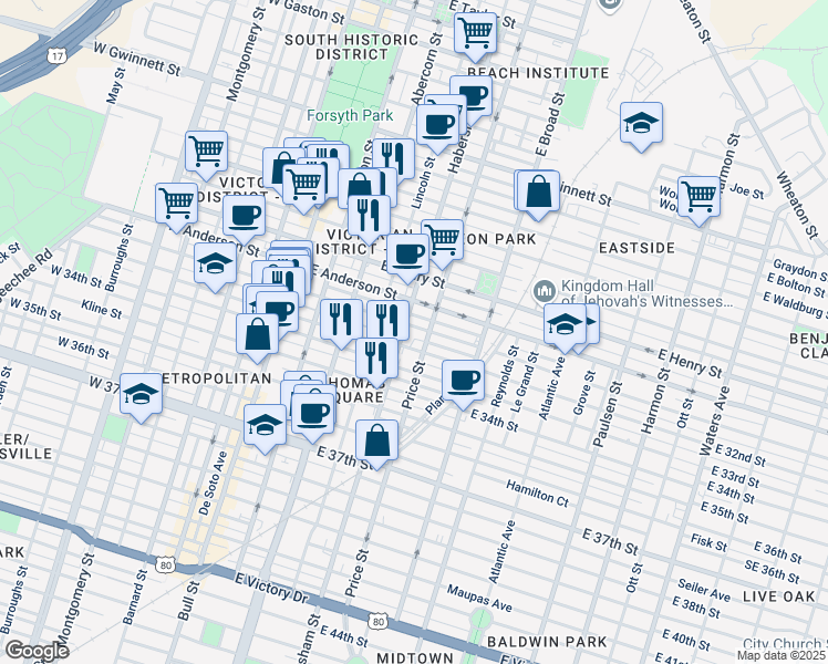 map of restaurants, bars, coffee shops, grocery stores, and more near 413 East 31st Street in Savannah