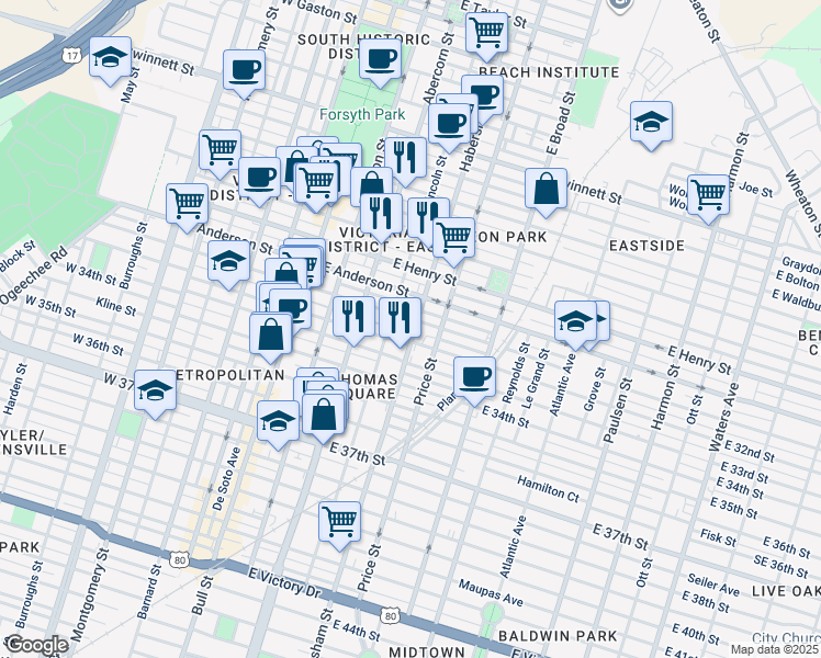 map of restaurants, bars, coffee shops, grocery stores, and more near 1507 Habersham Street in Savannah