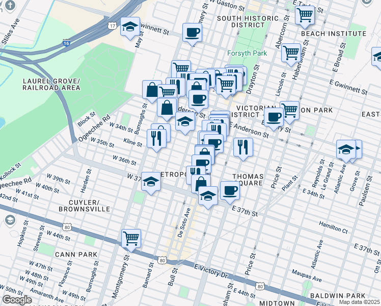 map of restaurants, bars, coffee shops, grocery stores, and more near 108 West 33rd Street in Savannah