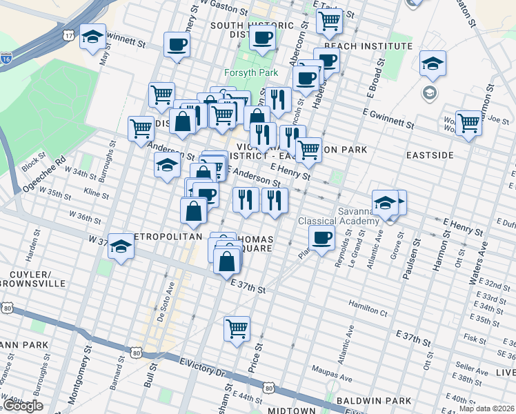 map of restaurants, bars, coffee shops, grocery stores, and more near 203 East 31st Street in Savannah