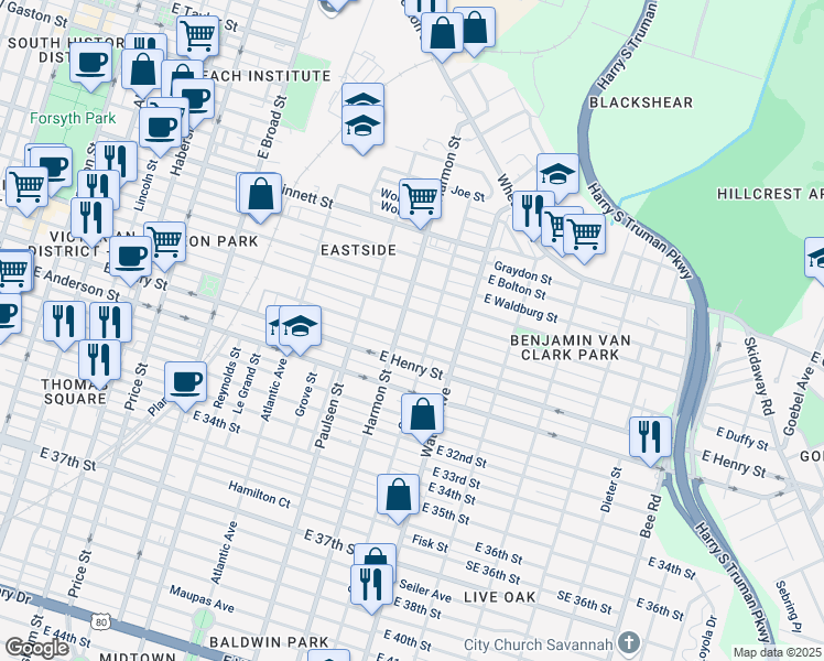 map of restaurants, bars, coffee shops, grocery stores, and more near 916 East Park Avenue in Savannah