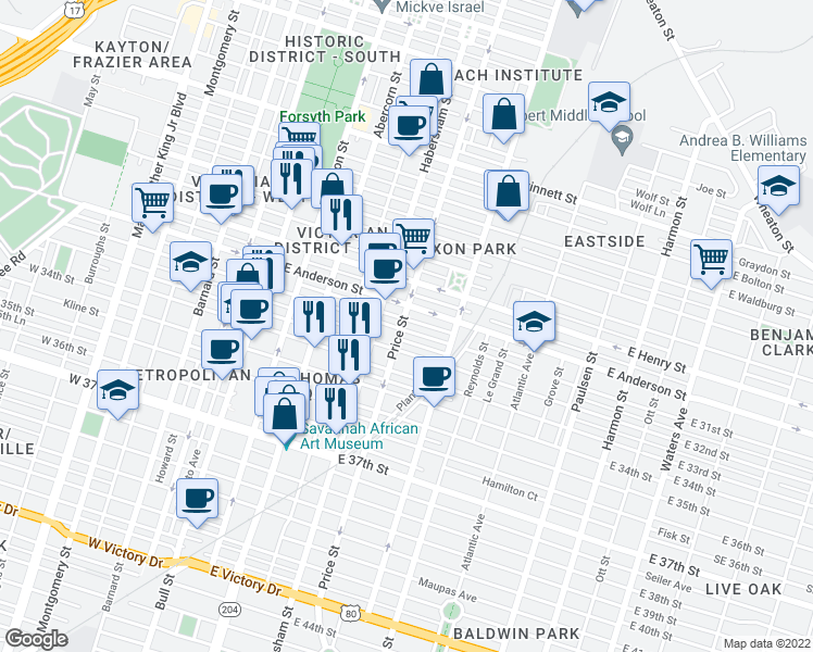map of restaurants, bars, coffee shops, grocery stores, and more near 421 East Anderson Street in Savannah