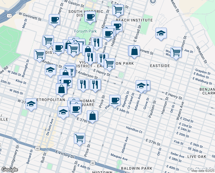map of restaurants, bars, coffee shops, grocery stores, and more near 421 East Anderson Street in Savannah