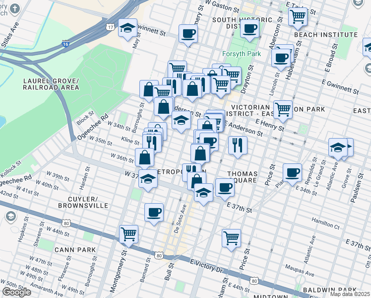 map of restaurants, bars, coffee shops, grocery stores, and more near 108 West 33rd Street in Savannah