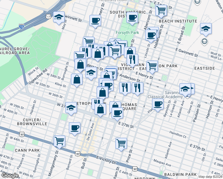 map of restaurants, bars, coffee shops, grocery stores, and more near 1523 Bull Street in Savannah