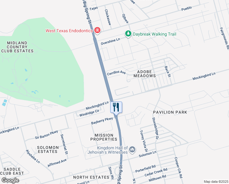 map of restaurants, bars, coffee shops, grocery stores, and more near 1301 Mockingbird Lane in Midland