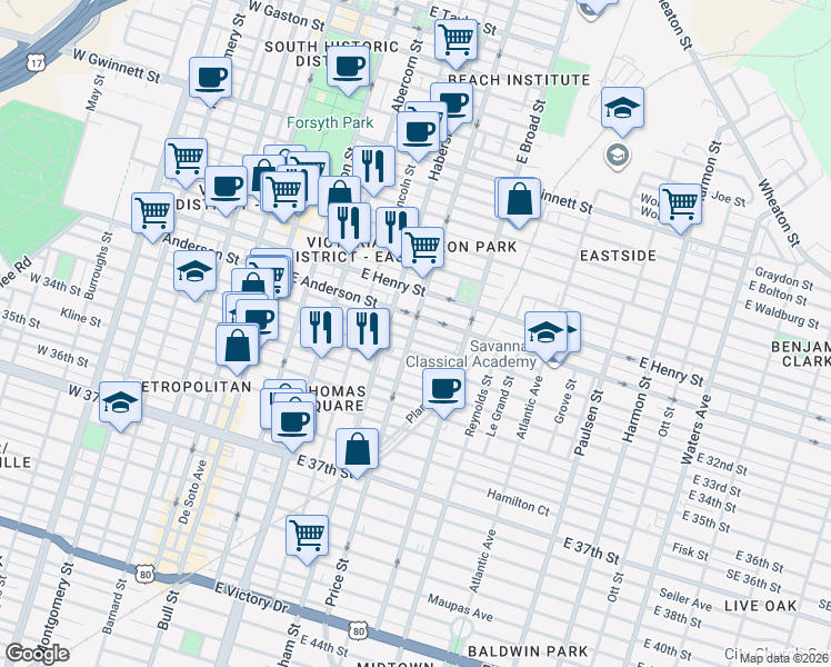 map of restaurants, bars, coffee shops, grocery stores, and more near 1420 Price Street in Savannah