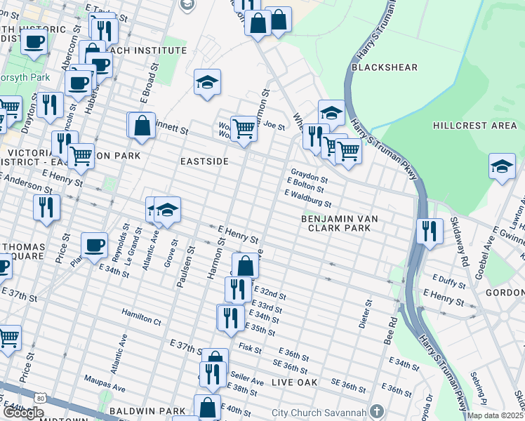 map of restaurants, bars, coffee shops, grocery stores, and more near 1013 East Park Avenue in Savannah