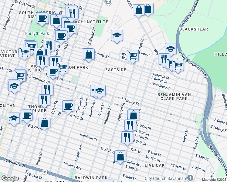 map of restaurants, bars, coffee shops, grocery stores, and more near 768 East Duffy Street in Savannah