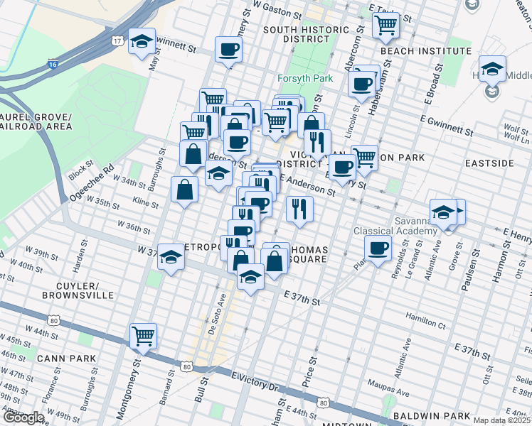 map of restaurants, bars, coffee shops, grocery stores, and more near 1523 Bull Street in Savannah