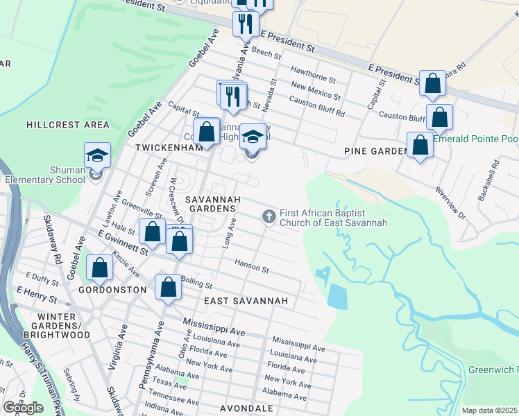map of restaurants, bars, coffee shops, grocery stores, and more near 2125 Iowa Street in Savannah