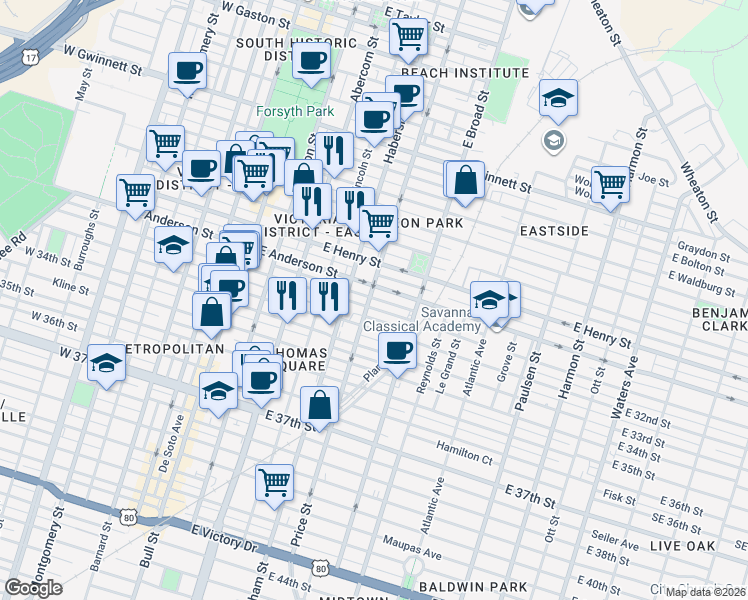 map of restaurants, bars, coffee shops, grocery stores, and more near 1416 Price Street in Savannah