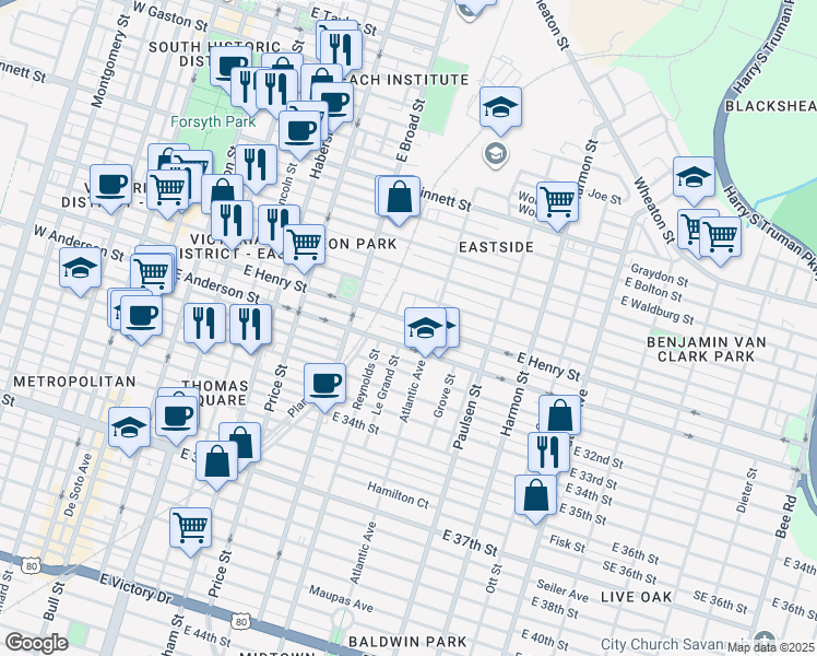map of restaurants, bars, coffee shops, grocery stores, and more near 643 East Henry Street in Savannah