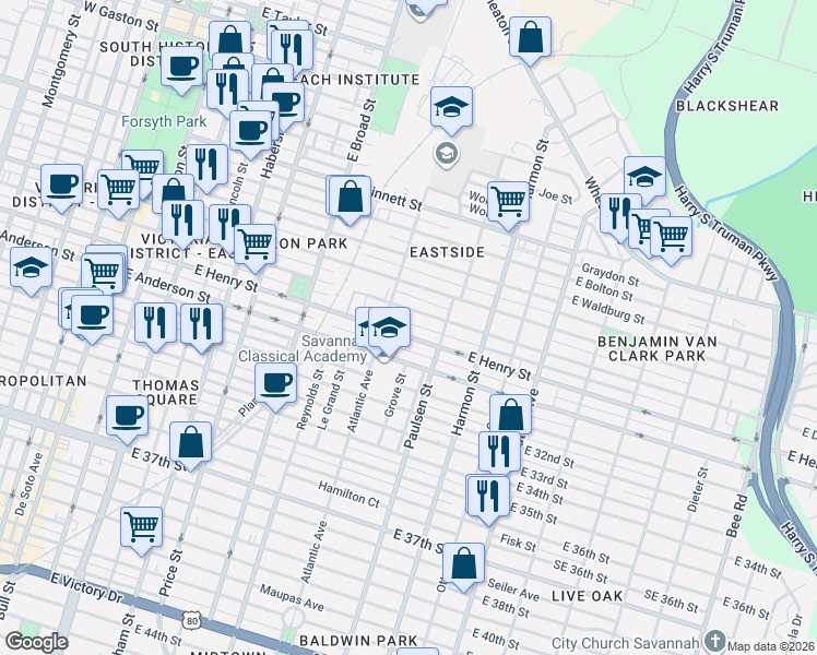 map of restaurants, bars, coffee shops, grocery stores, and more near 705 East Duffy Street in Savannah