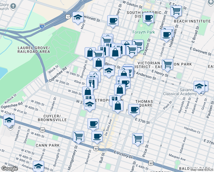 map of restaurants, bars, coffee shops, grocery stores, and more near 206 West 34th Street in Savannah