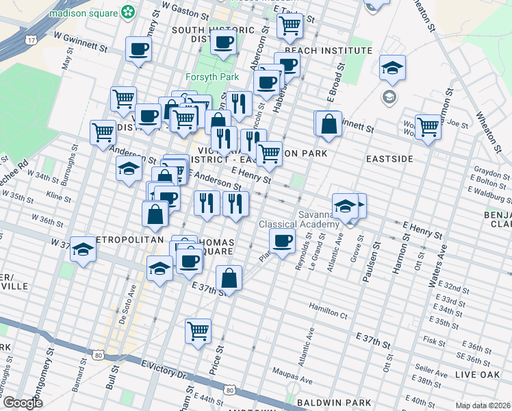 map of restaurants, bars, coffee shops, grocery stores, and more near 421 East Anderson Street in Savannah